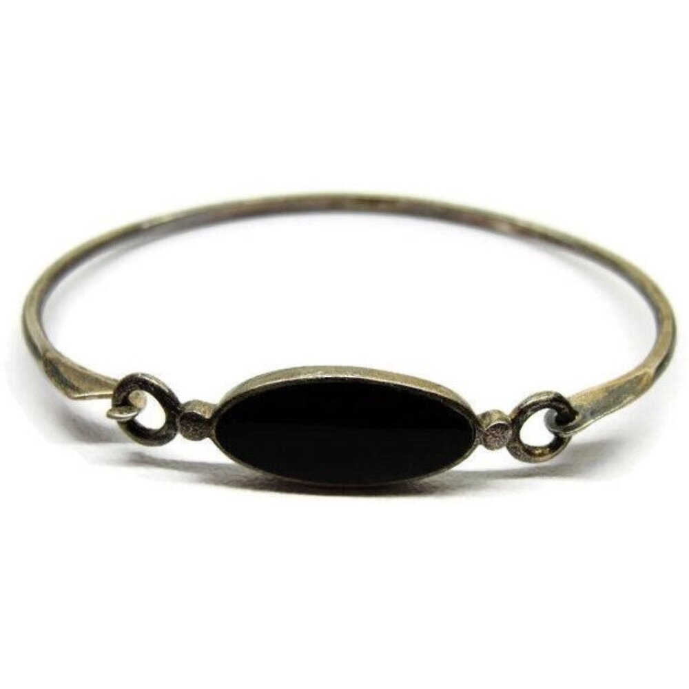 Roma Black Onyx Gemstone Oval Shape Hooked Bangle Sterling Silver 925 Bracelet